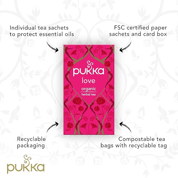 Pukka Herbal Teas Love Organic Rose Chamomile and Lavender Tea - Caffeine Free - 20 Bags