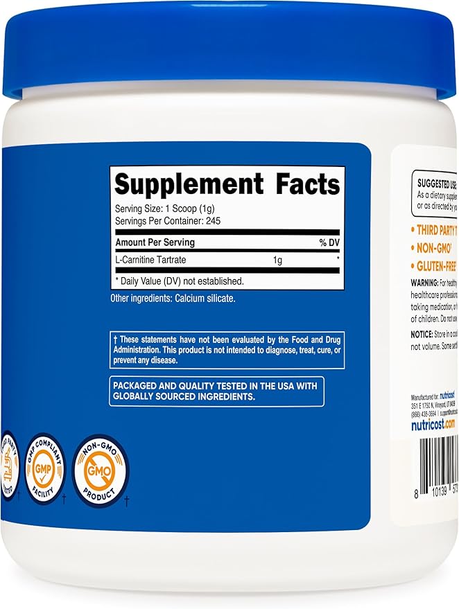 Nutricost L-Carnitine Tartrate Powder (250 Grams) - 1 Gram per Serving, 245 Servings