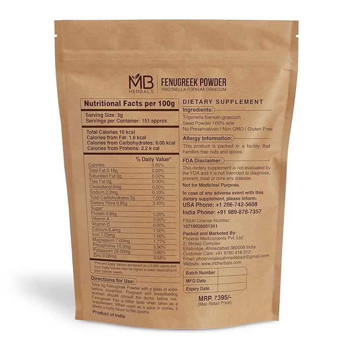 MB Herbals Fenugreek Seeds Powder 1 Pound | 16 oz / 454 Gram | Organically Grown Fenugreek | Trigonella foenum-graecum Sd. | Methi Powder