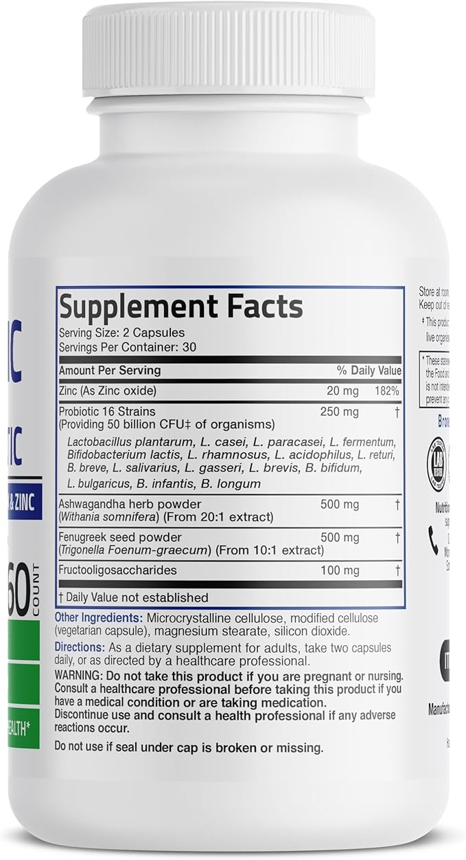 Bronson Men's Probiotic 50 Billion CFU Plus Prebiotic with Ashwagandha, Fenugreek & Zinc, Supports Healthy Digestion & Immune Function Non-GMO, 60 Vegetarian Capsules