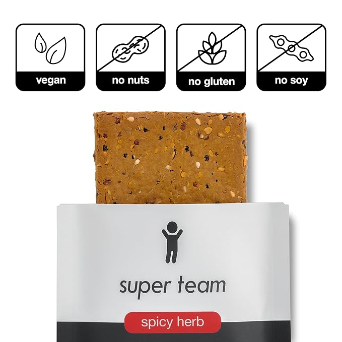 Super Team Savory + Crispy Protein Bars - Spicy Herb - 12-Count Snack Bars - High Protein (18g), High Fiber (7g), Low Sugar (1g) - Gluten Free, Nut Free, Soy Free, Vegan Plant Based Meal Replacement