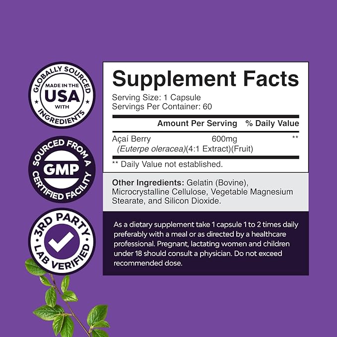 Acai Berry Capsules Antioxidant Supplement - Acai Berry Cleanse Superfood Supplement for Brain Booster Heart Health and Natural Energy Boost - Capsules and Memory for Brain Health