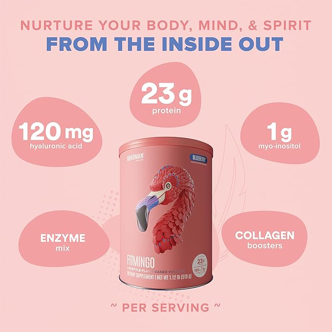 Fitmingo Vegan Protein Powder with Inositol, Collagen Boosters, Hyaluronic Acid and Vitamins | Low Carb, Dairy Free, Low Calorie | 23g Plant Based Blueberry Protein Powder with Myo-Inositol