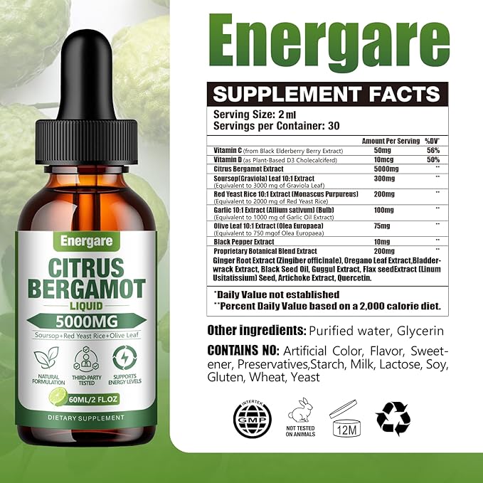 2 Packs Citrus Bergamot Liquid Drops, Bergamot Supplement For High Cholesterol - Soursop, Red Yeast Rice, Olive Leaf - All - Natural, Heart Immune Support & Antioxidant, Soursop Bitters Liquid,4 Fl Oz