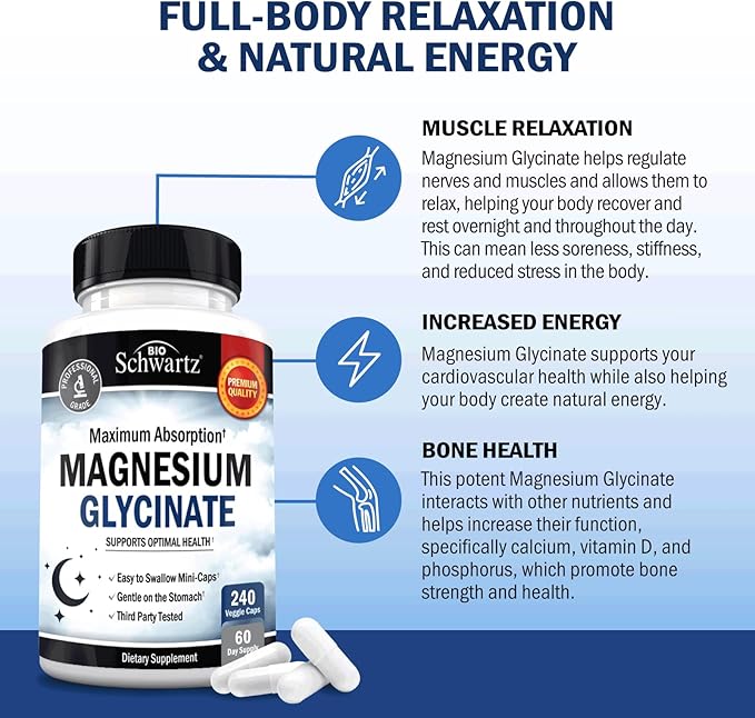 Magnesium Glycinate 500mg Capsules (240 Mini Caps) Maximum Absorption Magnesium Supplement for Nerves Muscles Heart Mood and Sleep Support (Vegan Safe with No Gluten, Soy or GMOs) by BioSchwartz