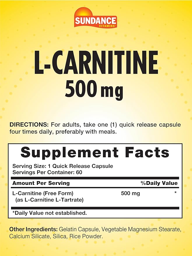 Sundance L-Carnitine Supplement 500mg | 60 Capsules | Free Form Amino Acid | Non-GMO and Gluten Free Supplement