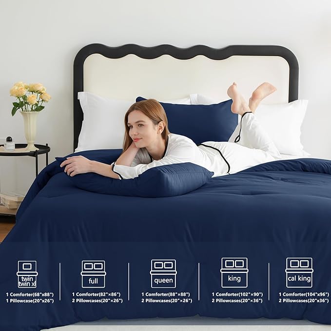 CozyLux Navy Blue Comforter Set Full Size, 3 Pieces Solid Breathable Quilted Style Bedding Sets, Luxury Fluffy Soft Microfiber Comforter for All Season (1 Comforter & 2 Pillowcases)