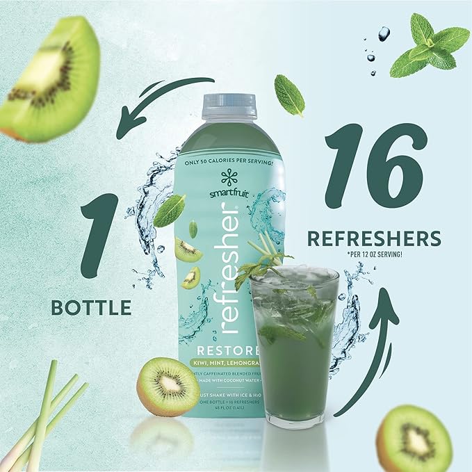 Restore Refresher - Kiwi, Lemongrass, Mint - Made with Real Fruit and No Added Sugar – Low Cal, Hydrating Coconut Water, and Natural Energy (48oz Bottle)