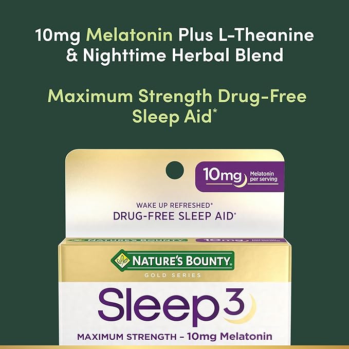 Melatonin by Nature's Bounty, Sleep3 Maximum Strength 100% Drug Free Sleep Aid, Dietary Supplement, L-Theanine & Nighttime Herbal Blend Time Release Technology, 10mg, 30 Tri-Layered Tablets