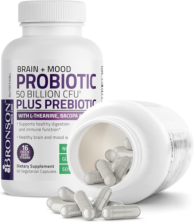 Bronson Brain + Mood Probiotic 50 Billion CFU Plus Prebiotic with L-Theanine, Bacopa and Rhodiola Non-GMO, 60 Vegetarian Capsules