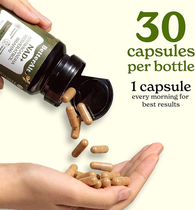 NAD+ Capsules | with Ashwagandha, Resveratrol, CoQ10, NAD+ Precursors | Vitamin B3 |Supports Longevity & Cellular Energy | 1-Month Pack