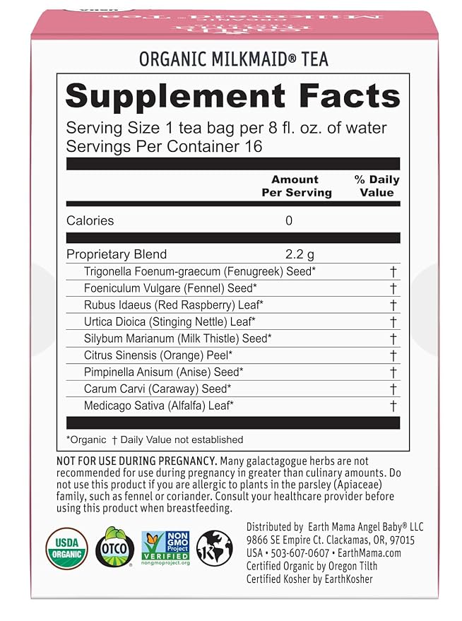 Earth Mama Organic Milkmaid® Tea | Lactation Support Herbal Tea Bags for Breastfeeding, Decaf Lactation Supplement for Increased Breast Milk Production, With Milk Thistle & Fenugreek (16-Count, 2PK)