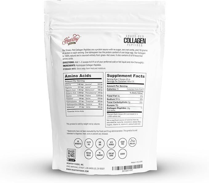 Collagen Powder - 18g Protein - Pure Halal Collagen Peptides Grass Fed Organic Hydrolyzed Powder | Type I and III Unflavoured Keto Friendly Gluten Free No Sugar Non GMO 16 Oz
