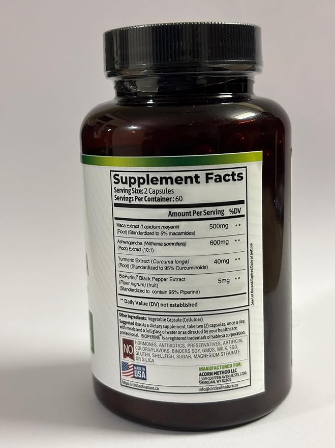 Maca Root, Ashwagandha Root Extract, Capsules for Men & Women with Turmeric Curcumin and Bioperine 120 Capsules Made in USA