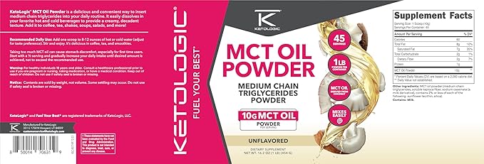 Ketologic MCT Oil Powder (1 LB) (Unflavored) - 45 Servings, Medium Chain Triglycerides Powder Supplement