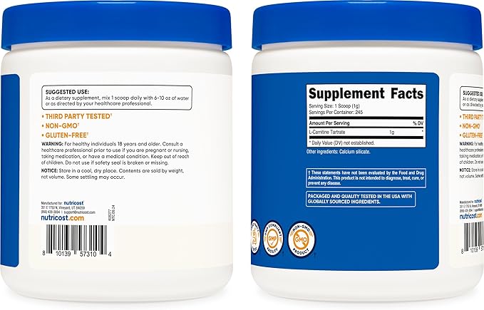 Nutricost L-Carnitine Tartrate Powder (250 Grams) - 1 Gram per Serving, 245 Servings