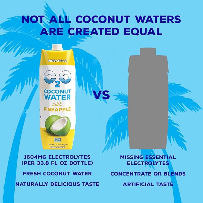 C2O - Coconut Water with Pineapple (6 Pack) - Made with Fresh Coconut Water - Plant Based, Non GMO Water - Natural Hydration, Essential Electrolytes, & Potassium - 6 Tetra Packs, 33.8 FL OZ