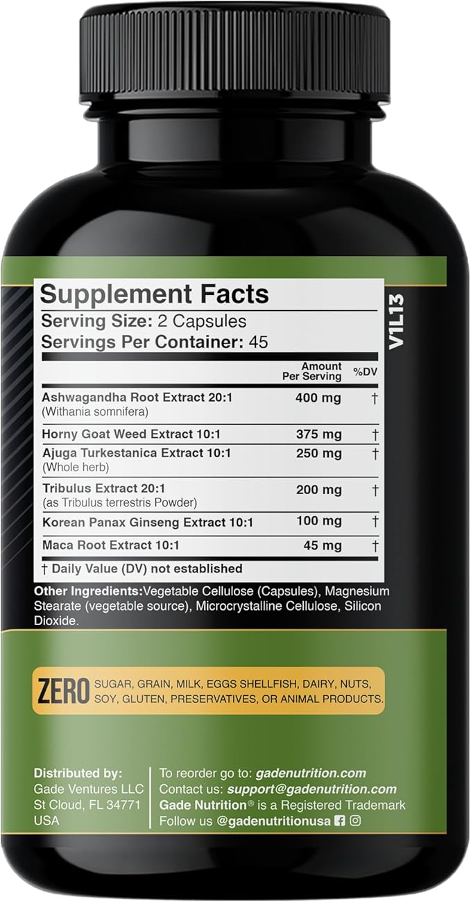 Gade Nutrition Ashwagandha with Maca Root, Horny Goat Weed, Turkesterone Supplement, Tribulus Terrestris, Panax Ginseng | 90 Vegetable Capsules for Energy, Stamina, Performance. | Made in USA