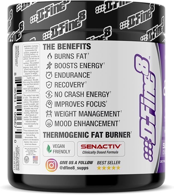 Thermogenic Pre-Workout Energy Powder & Shredding Supplement, Boost Energy Mood & Focus, Sugar Free, Contains Senactiv, Endurance, 300mg Caffeine, N-Acetyl-L-Tyrosine (Fierce Grape)