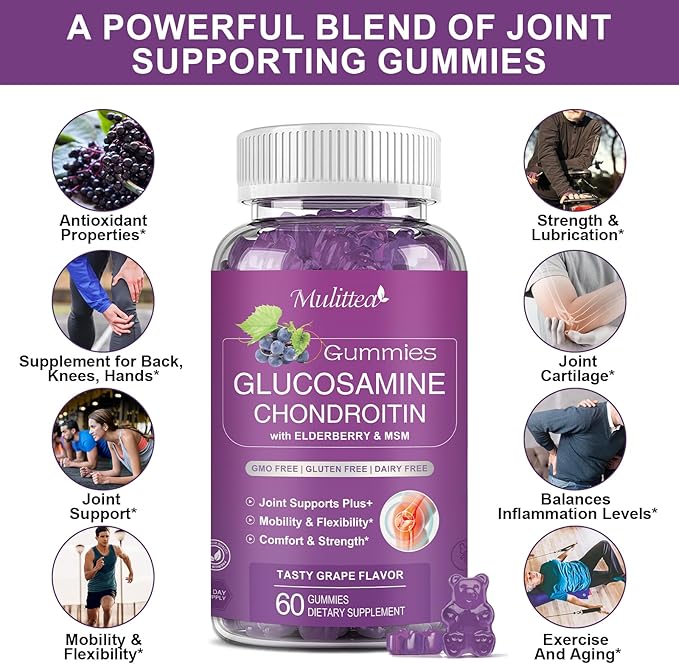 Glucosamine Chondroitin Gummies - Extra Strength Joint Support Supplement with MSM & Elderberry for Natural Joint, Antioxidant Immune Support for Adults, Men & Women-Sugar-Free (2 Pack)