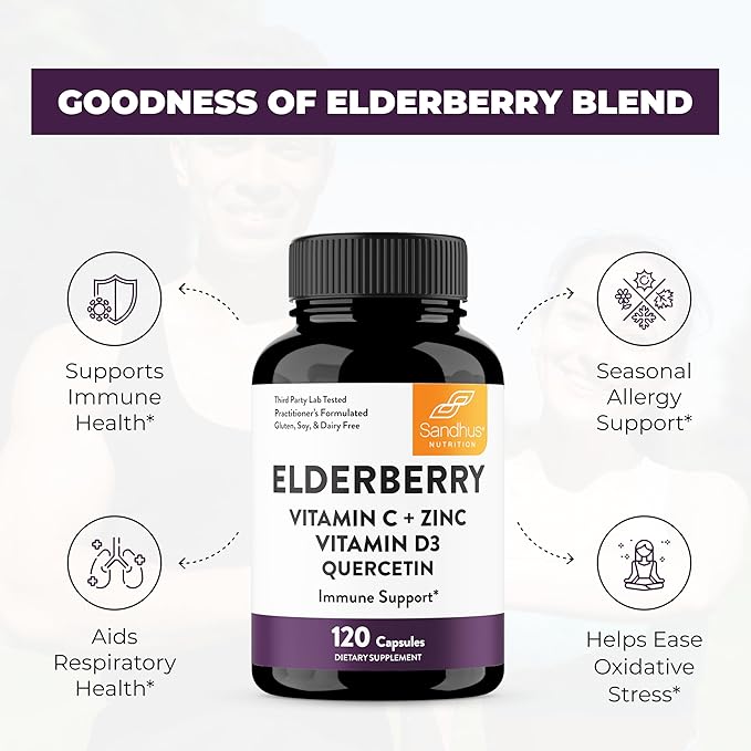 Sandhu's Elderberry Vitamin C & Zinc with Quercetin Capsules for Men & Women | Supports Immune Health | 120 Count (Pack of 1)