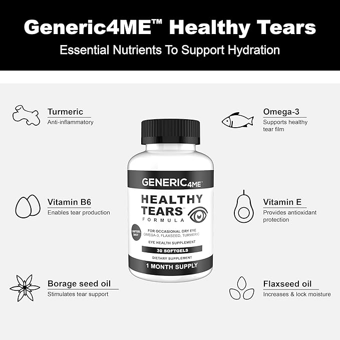 Healthy Tears for Occasional Dry Eye, Omega-3 Fish Oil, EPA, DHA, Vitamin E, Eye Vitamin, Redness Relief, Itch Relief One per Day, 1 Month Supply