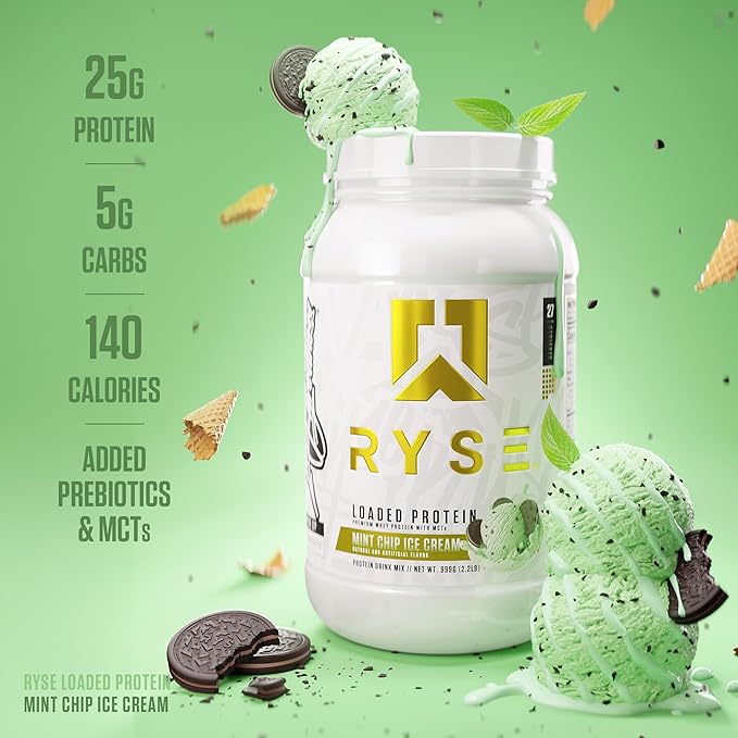 Ryse Loaded Protein Powder - Mint Chip Ice Cream - 25g Whey Protein Isolate & Concentrate with Prebiotic Fiber & MCTs - Low Carb, Low Sugar, Digestive-Friendly - 27 Servings / 2 lb Tub