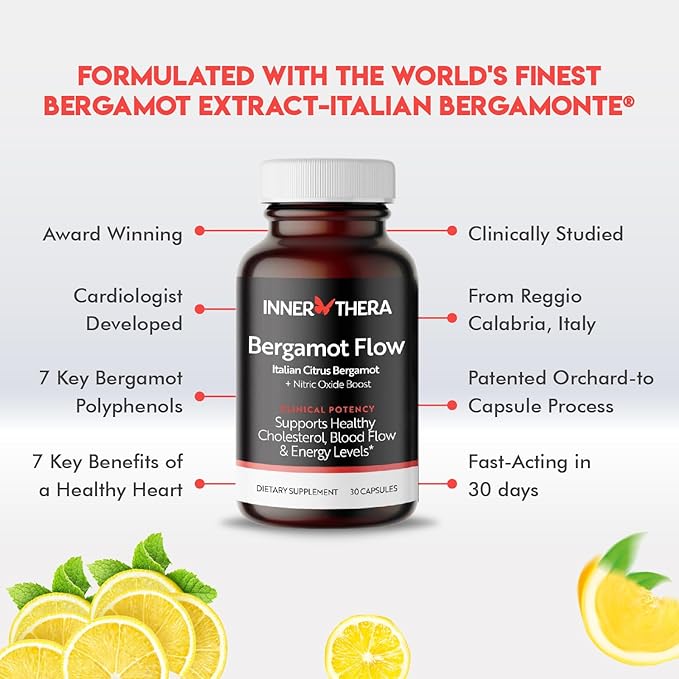 Bergamot Flow Italian Citrus Bergamot + S7 Nitric Oxide, Bergamot Supplement for High Cholesterol - Increase Blood Flow, Circulation & Energy Levels - Made with Patented Italian Bergamonte Extract