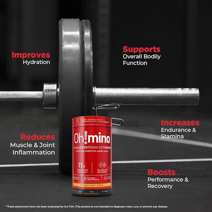 Oh!mino Amino Acids Supplement for Protein Synthesis - EAAs Capsules for Muscle Recovery, Pre & Post Workout - Non Caffeine, Non Dairy, Vegan, Zero Sugar & Net Carbs (180-Count, 30 Servings)