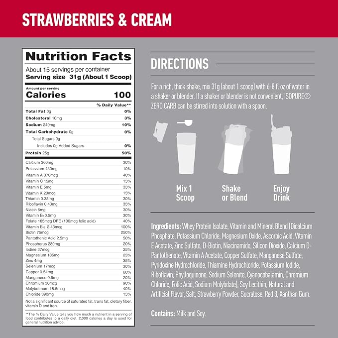 Isopure Zero Carb 100% Pure Whey Isolate Protein Powder, Lactose Free, Gluten Free, With Vitamins, Strawberries & Cream, 25g Protein Per Serving, 1 Lb, 15 Servings