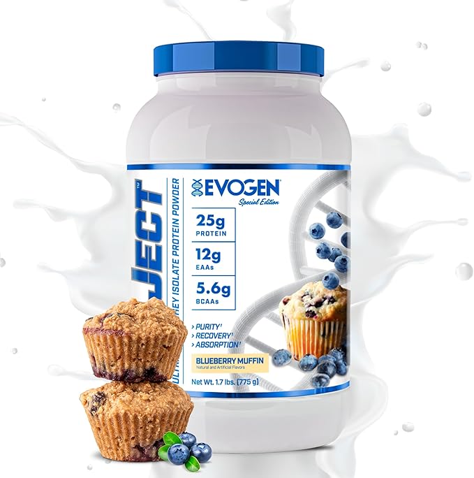 Evogen Isoject - Whey Protein Isolate | Ultra-Pure Whey Protein Powder with Ignitor Enzymes, BCAAs, and EAAs | Enhanced Absorption & Recovery | Blueberry Muffin | 25 Servings