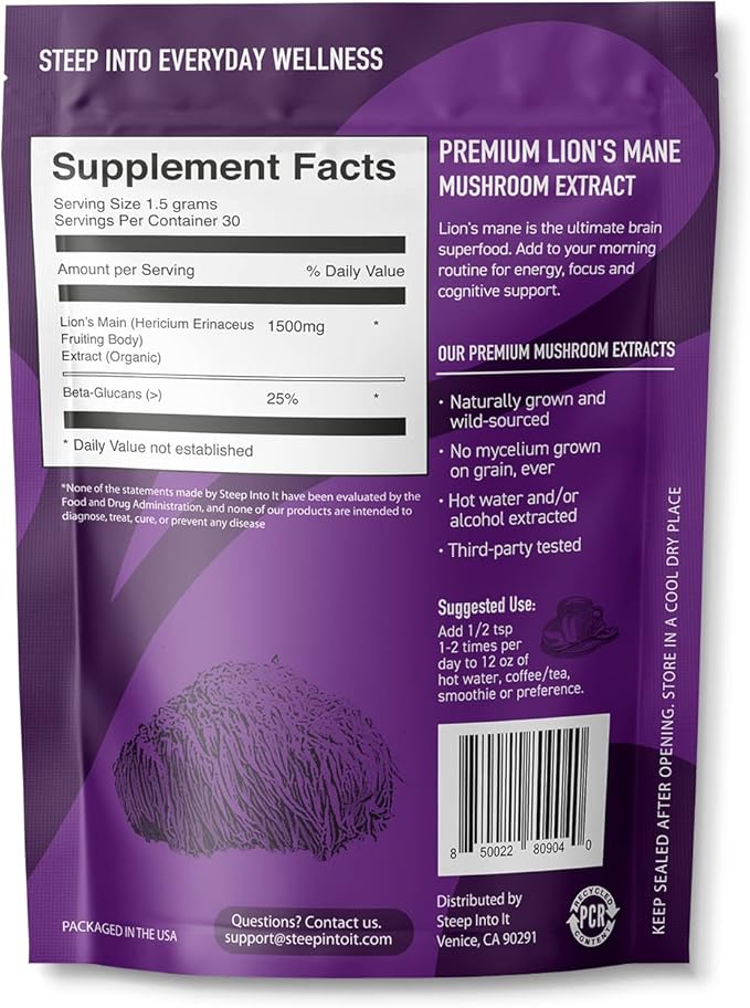Organic Lions Mane Mushroom Supplement - Lions Mane Extract Powder for Mental Clarity, Focus and Cognitive Function (45g, 30 Servings) - Sharp & Focused