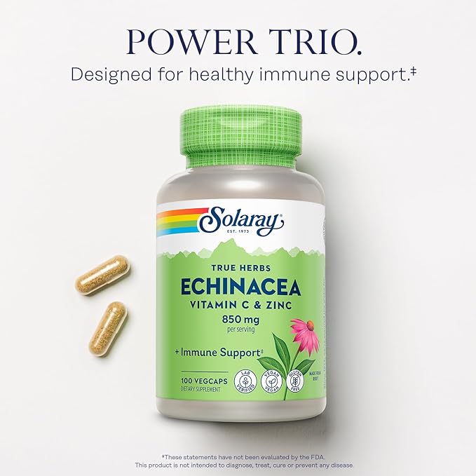 SOLARAY Echinacea Vitamin C & Zinc 850mg Plus Bioflavonoids, Echinacea Capsules for Healthy Immune Support, Vegan, Lab Verified, 60-Day Money-Back Guarantee, 50 Servings, 100 VegCaps
