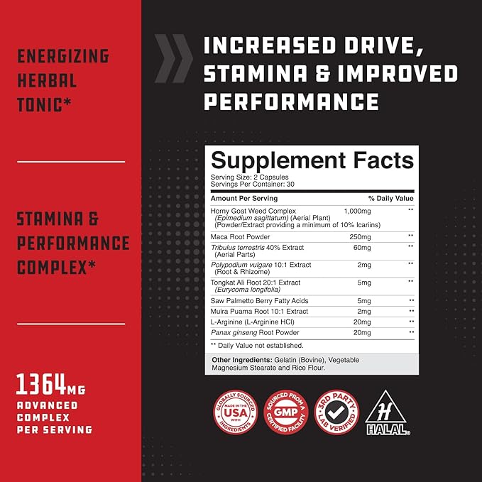 Extra Strength Testosterone Booster for Men - Natural Testosterone Supplement for Men with Horny Goat Weed Maca Root Tongkat Ali and Saw Palmetto Extract for Muscle Enlargement Stamina and Strength