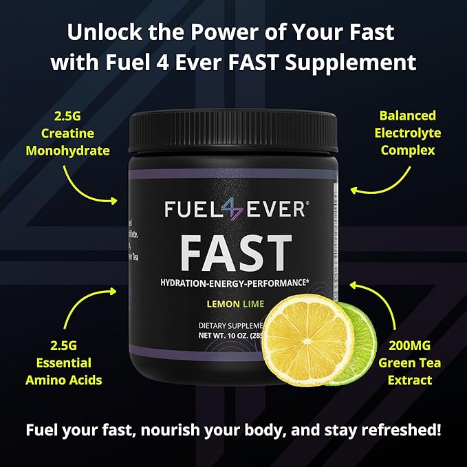 Fast Fasting Electrolyte Powder | with Creatine, Essential Amino Acids & Green Tea Extract | No Sugar, No Artificial Sweeteners or Ingredients | Lemon Lime Flavor 30 Servings