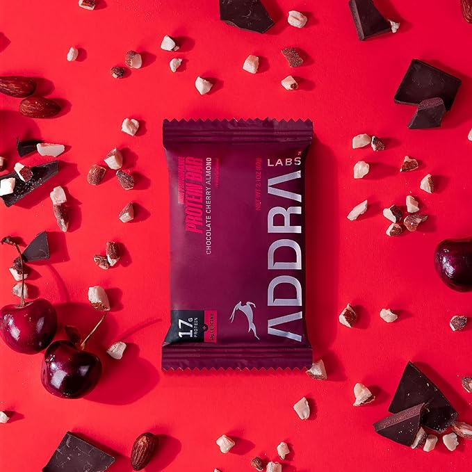 ADDRA Protein Bars - Vegan, Gluten-Free, High-Protein Muscle Recovery Bar for Runners, 17g Protein + 1.5g BCAA Leucine, Low Sugar, Plant-Based Chocolate Cherry Almond Flavor, 12-Pack