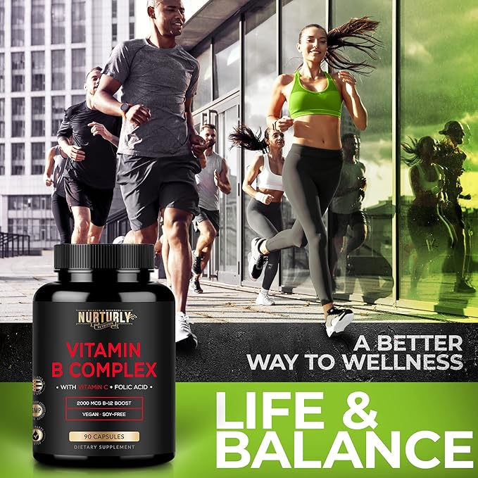 Vitamin B Complex with Vitamin C - Contains All Essential B Vitamins - B1, B2, B3, B5, B6, B7, B9, B12 and Biotin - Super B Complex Vitamins for Energy, Immunity and Mood Support - 90 Capsules