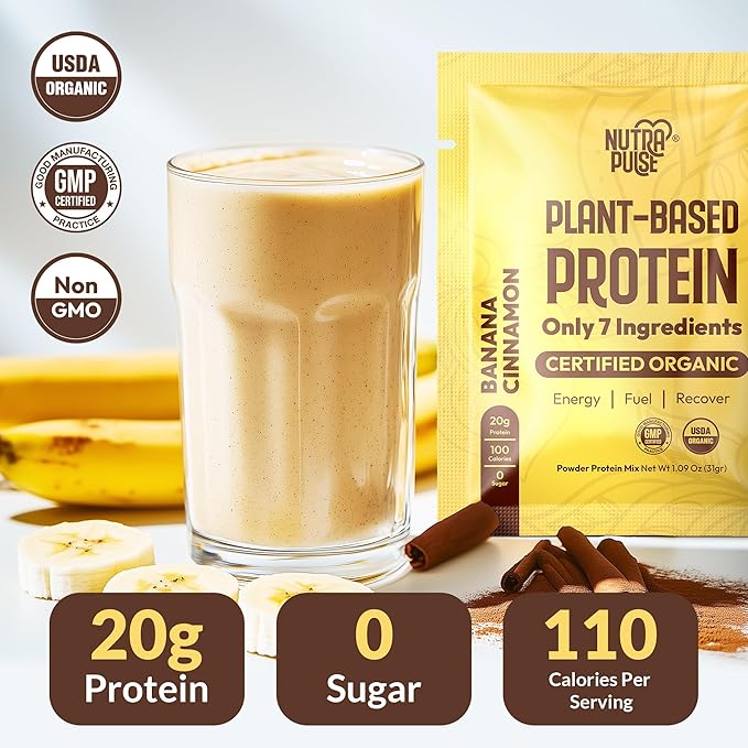 Vegan Protein Powder Sample Pack – Organic Plant-Based Protein, 20g per Serving – Gluten-Free, Non-GMO, Dairy-Free – Banana Cinnamon Flavor – Great for Shakes & Smoothies – 24 Pack
