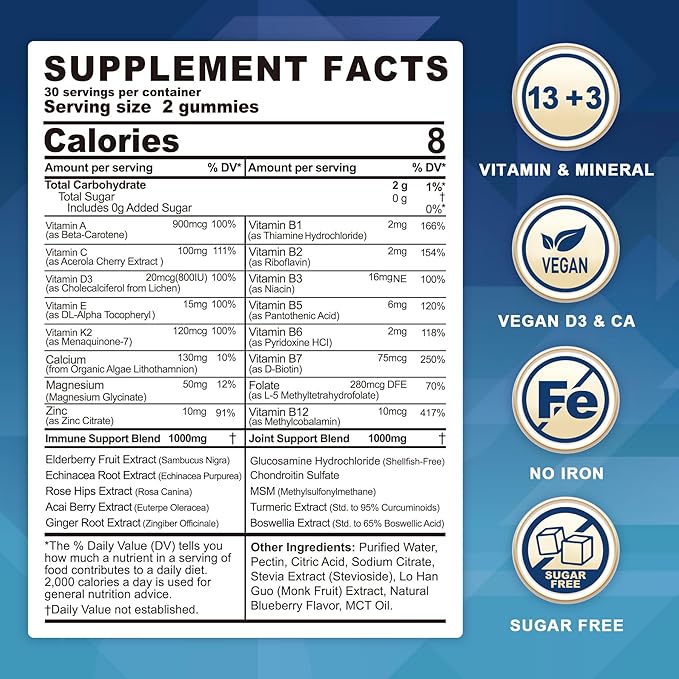 Men's & Women's Sugar Free Methylated Multivitamin 50 Plus with Glucosamine Chondroitin MSM, Iron Free Gummies for Senior with Multi Vitamin D3 K2 & A C E, B Complex - 60 Count (Pack of 1)