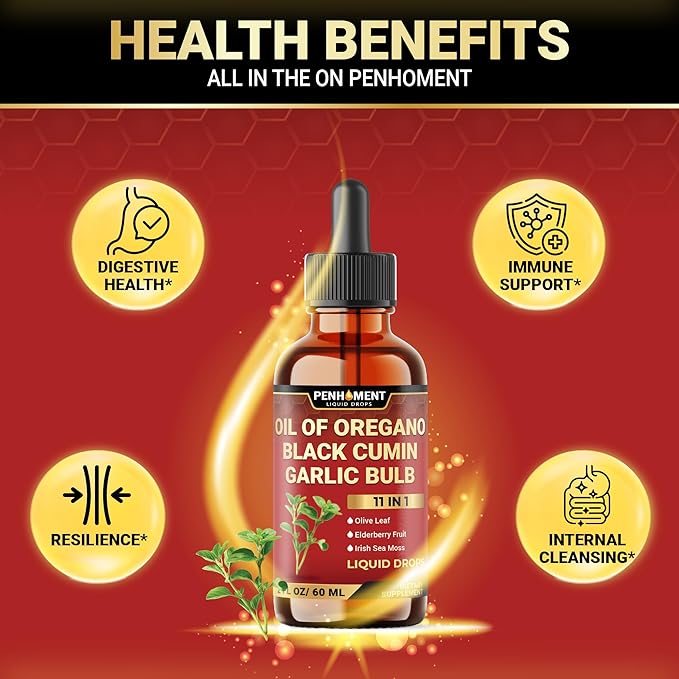11in1 Organic Oregano Oil Drops with Black Seed Liquid, Garlic, Vitamin D3 & K2, Olive Leaf, Elderberry, Sea Moss, Ashwagandha & Ginger - Immune Support - 2 Fl Oz - 60 Days