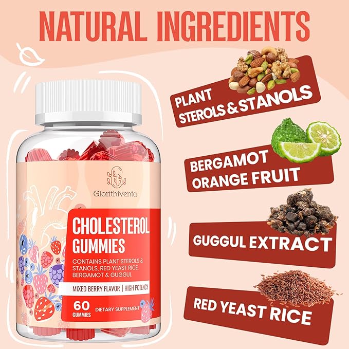 Cholesterol Supplement with Plant Sterols & Stanols, Guggul, Bergamot Orange Extract, Red Yeast Rice, Cholesterol Complex Gummies for Cholesterol Normal Level, Mixed Berry Flavor, 120 Counts