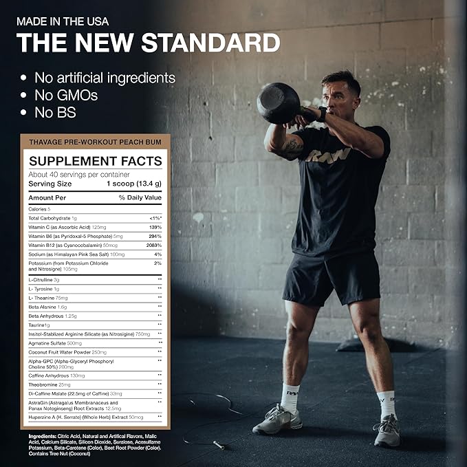 RAW Thavage Pre Workout - Peach Bum Chris Bumstead Pre Workout Formula, Sports Nutrition Pre-Workout Powders Men & Womens Preworkout Drink, Energy Powder for Working Out 40 Servings 1 17.6 Ounce