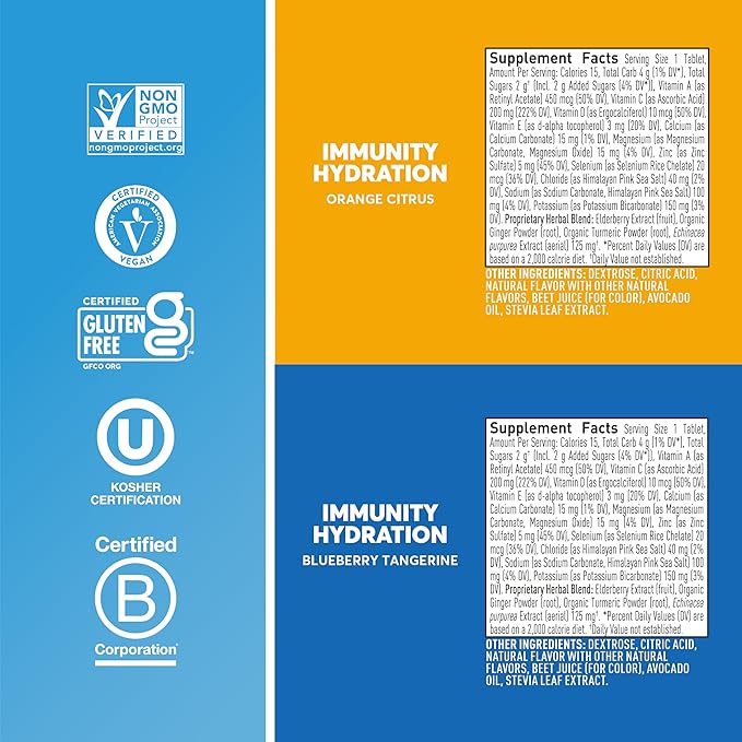 Nuun Immunity Electrolyte Tablets with Vitamin D, C, E, & A, Ginger, Elderberry, Magnesium & 4 Other Essential Electrolytes, Vegan, Blueberry Tangerine & Orange Citrus, 4 Pack (40 Servings Total)