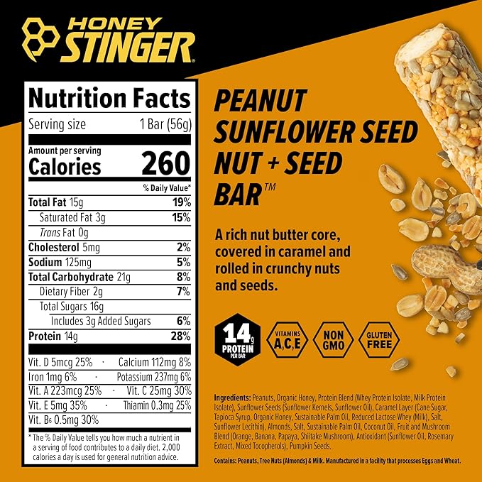 Honey Stinger Nut + Seed Bar | Peanut Sunflower Seed | Protein Packed Food for Exercise, Endurance and Performance and Recovery | Sports Nutrition Snack Bar for Home & Gym, Post Workout | Box of 12