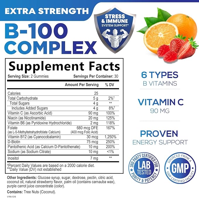 B Complex Gummy with Vitamin C & Folic Acid, Extra Strength Vitamin B Gummies Supplement with Niacin, B6, Folic Acid, Super B12, Biotin, Nature's Energy Immune Support Supplements - 60 Gummies