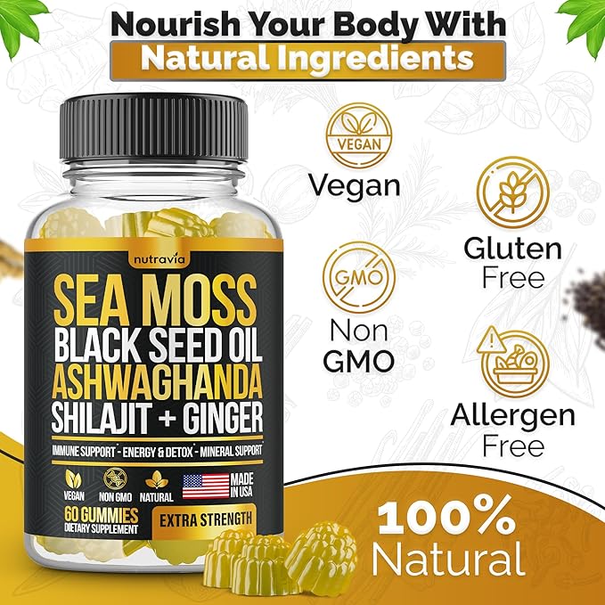 Sea Moss, Black Seed Oil, Ashwagandha, Ginger, Shilajit Gummies with Elderberry, Chlorophyll, Turmeric Bladderwrack Sea Moss Gummies Advanced Strength Formula - All in 1 Bundle - USA Made (60 Gummies)