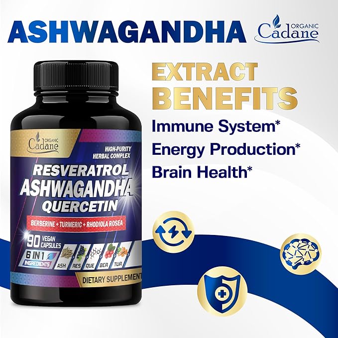 Organic Cadane Ashwagandha Supplements - 6 Premium Ingredients with Resveratrol, Quercetin, Berberine, Turmeric, Rhodiola Rosea - 90 Extract Capsules
