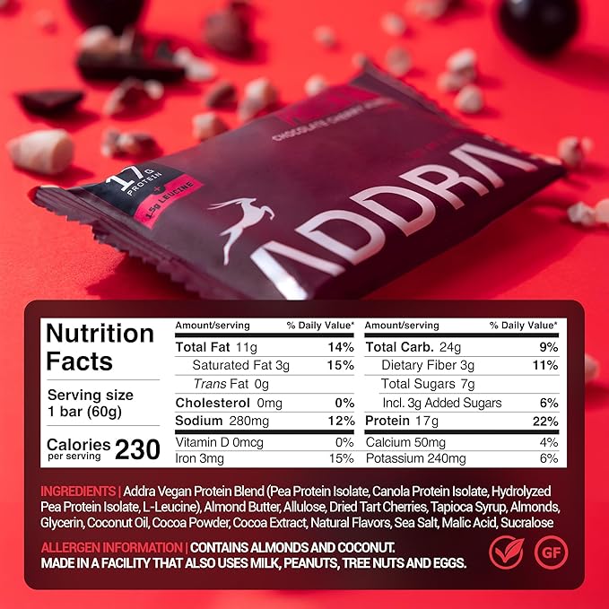ADDRA Protein Bars - Vegan, Gluten-Free, High-Protein Muscle Recovery Bar for Runners, 17g Protein + 1.5g BCAA Leucine, Low Sugar, Plant-Based Chocolate Cherry Almond Flavor, 12-Pack