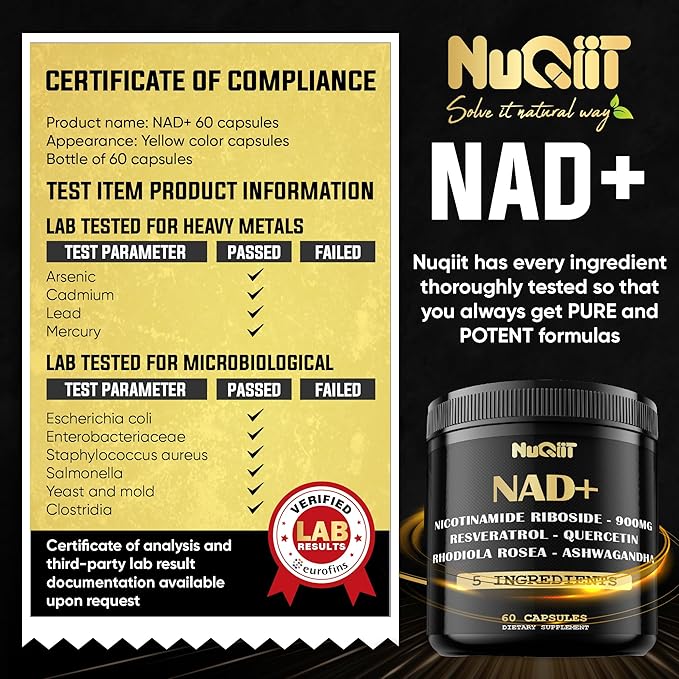 NAD+ Supplement with Nicotinamide Riboside, Resveratrol, Quercetin, Turmeric, Rhodiola Rosea - 60 Count