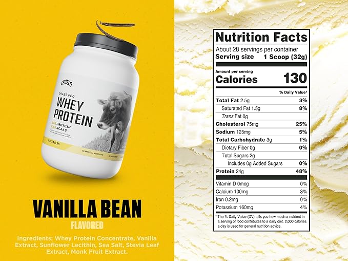 Levels Grass Fed Whey Protein Powder, No Artificials, 24G of Protein, Vanilla Bean, 2LB